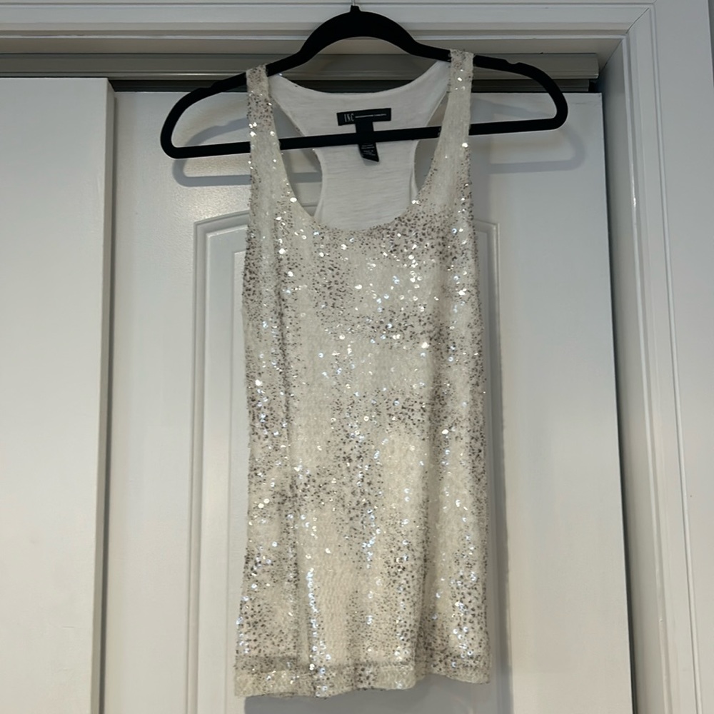INC Racerback White and Gray Sequined Top Size Small Stretchy
